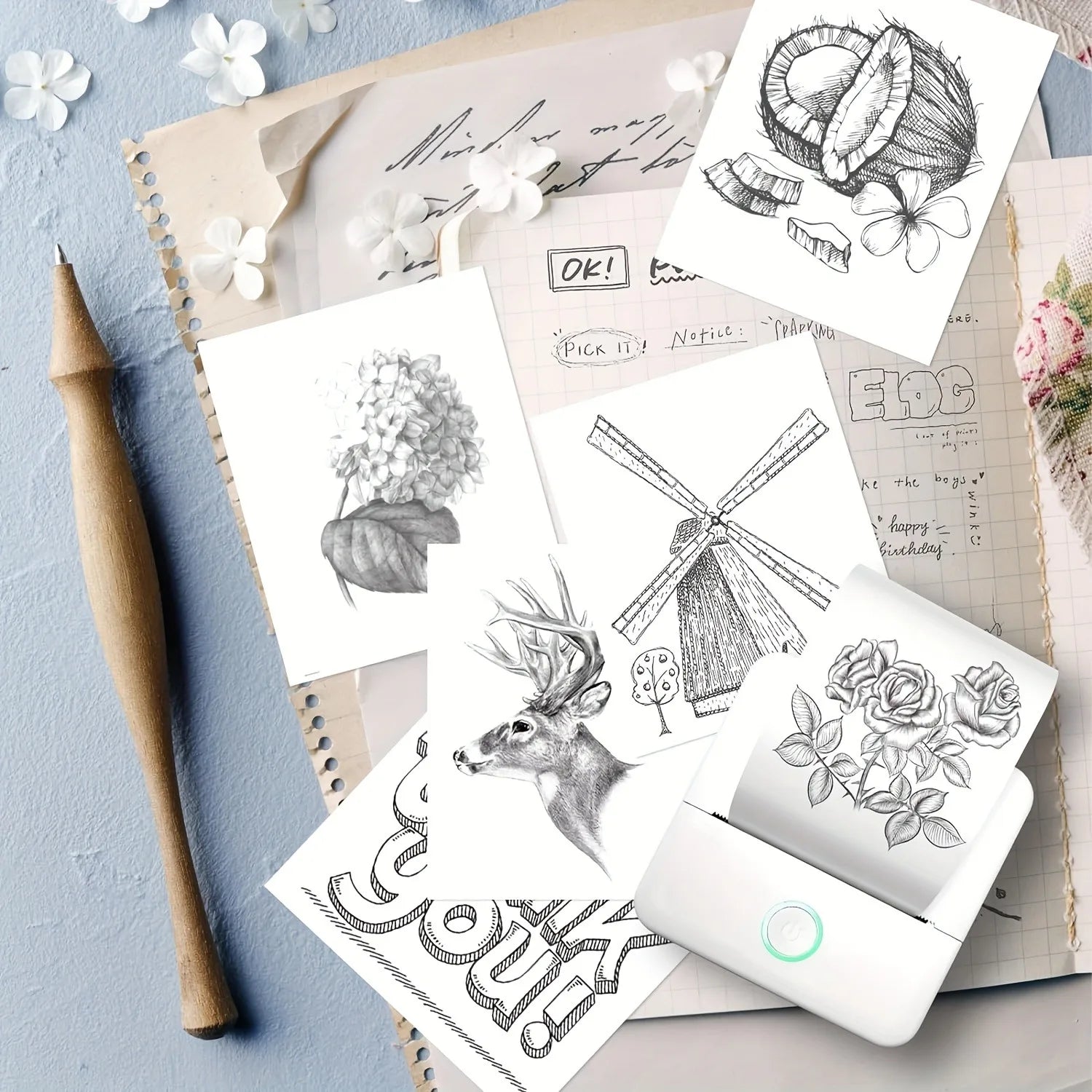 Wireless Mini Photo Printer Set with 5 Sticker Rolls & 5 Thermal Paper, Bluetooth Mobile Printing for Pictures, Photos, Labels