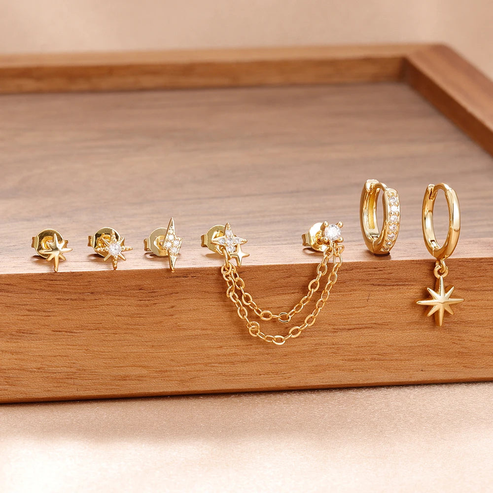 6PCS Fashion Cute Zircon Flower Ear Stud For Women Fashion 18K Gold Plated Star Ear Stud Earring Piercing Girl Set Jewelry Gift