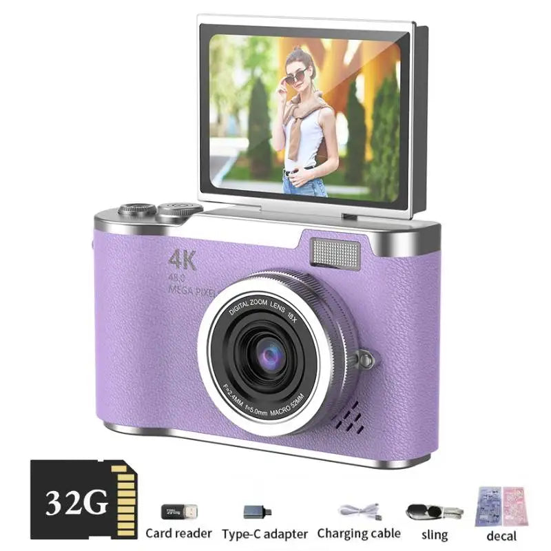 4K Digital Camera Beauty Filters 48MP HD Student CCD Camera CMOS Anti Shake 180° Flip Screen Selfie Camera for Kids Adults Gift