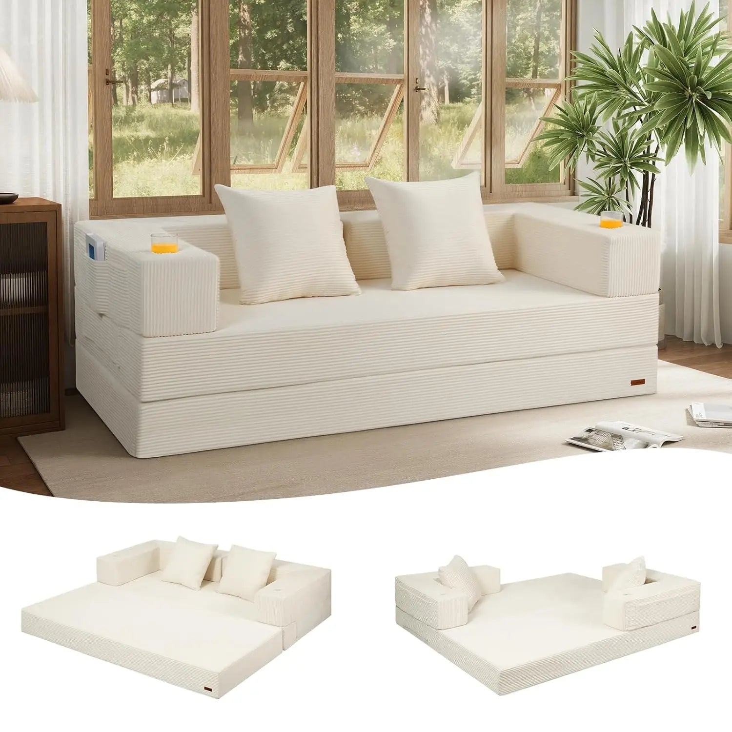 Futon Sofa Bed Queen, 79" Convertible Sofa Bed Couches for Living Room, 4 in 1 Folding Boneless Sleeper Corduroy, Customized