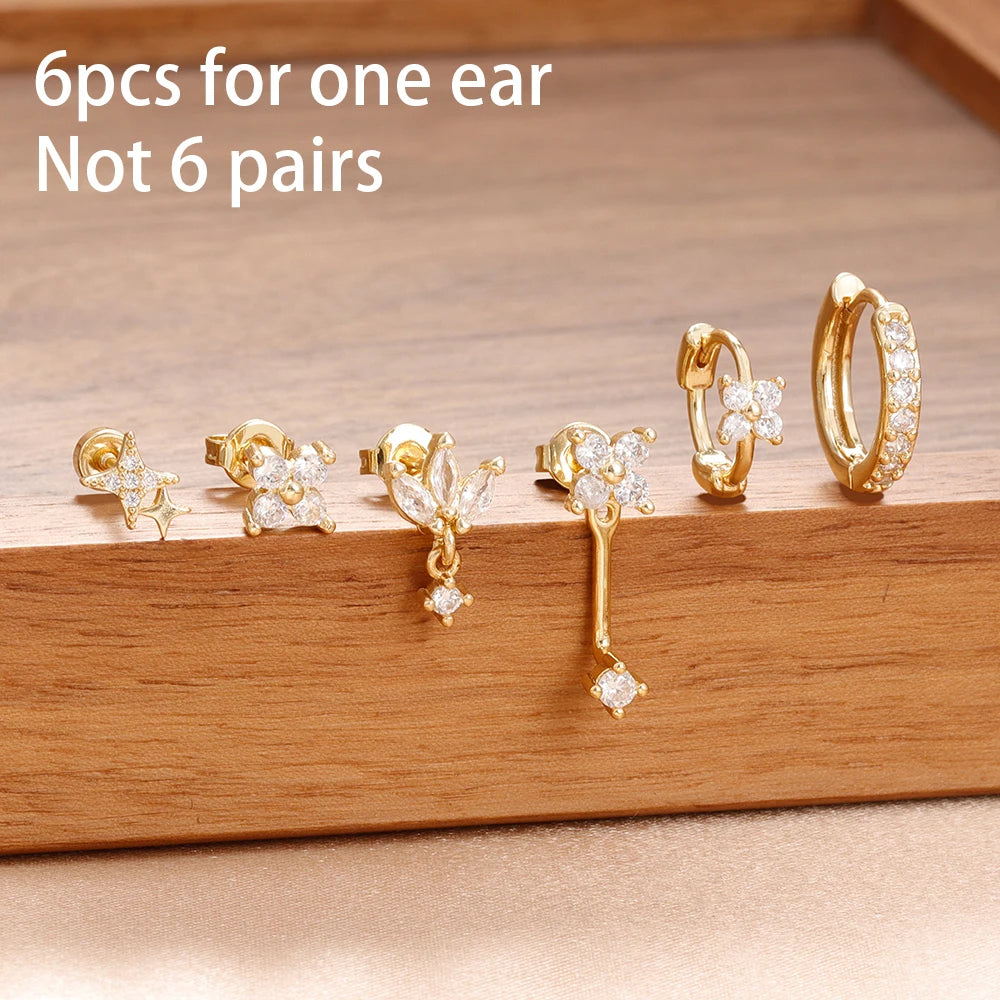 6PCS Fashion Cute Zircon Flower Ear Stud For Women Fashion 18K Gold Plated Star Ear Stud Earring Piercing Girl Set Jewelry Gift