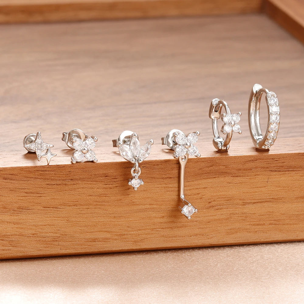 6PCS Fashion Cute Zircon Flower Ear Stud For Women Fashion 18K Gold Plated Star Ear Stud Earring Piercing Girl Set Jewelry Gift