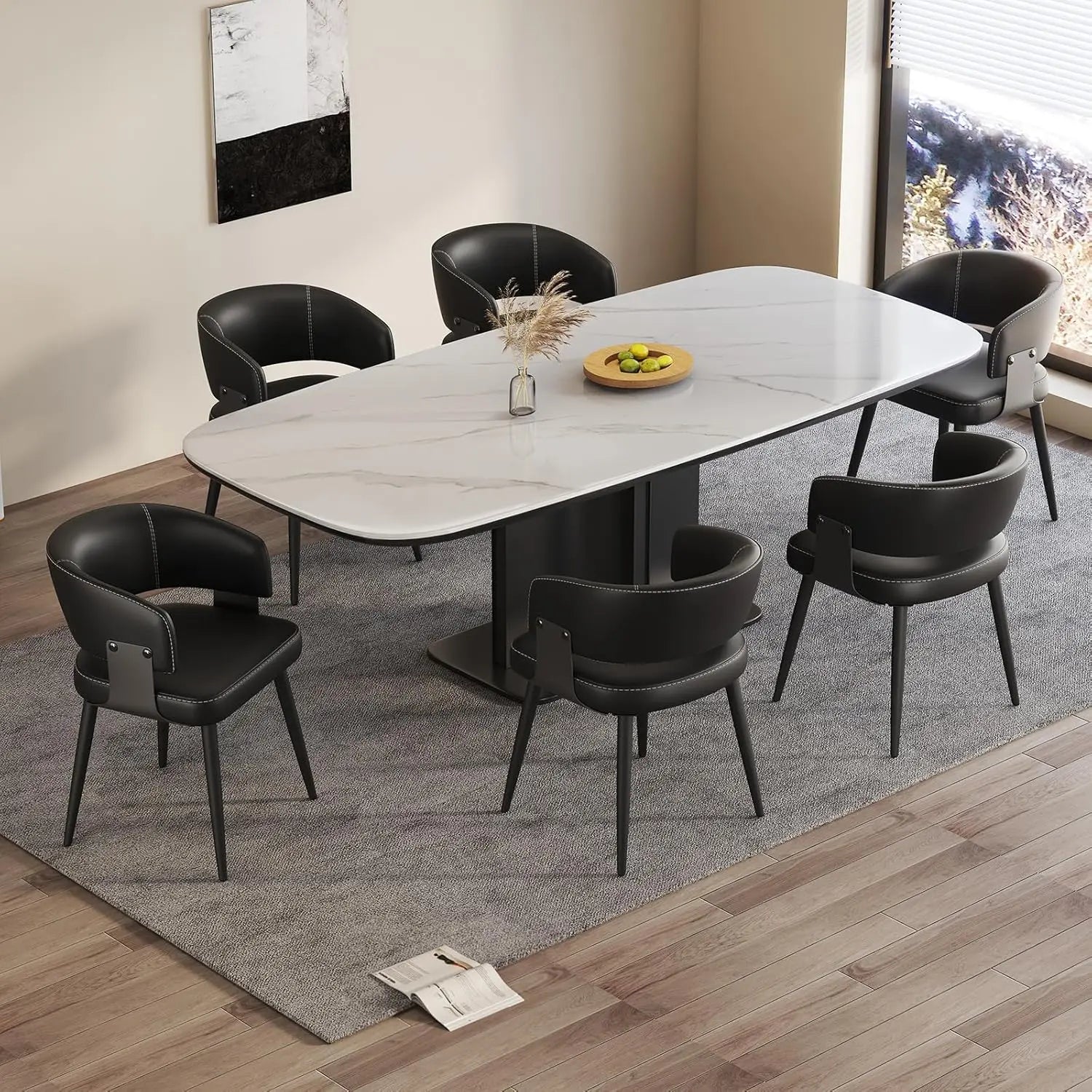 Modern Dining Chairs Set of 6, Upholstered Faux Leather Kitchen Side Chairs with Curved Open Back, Easy Assembly, Customized