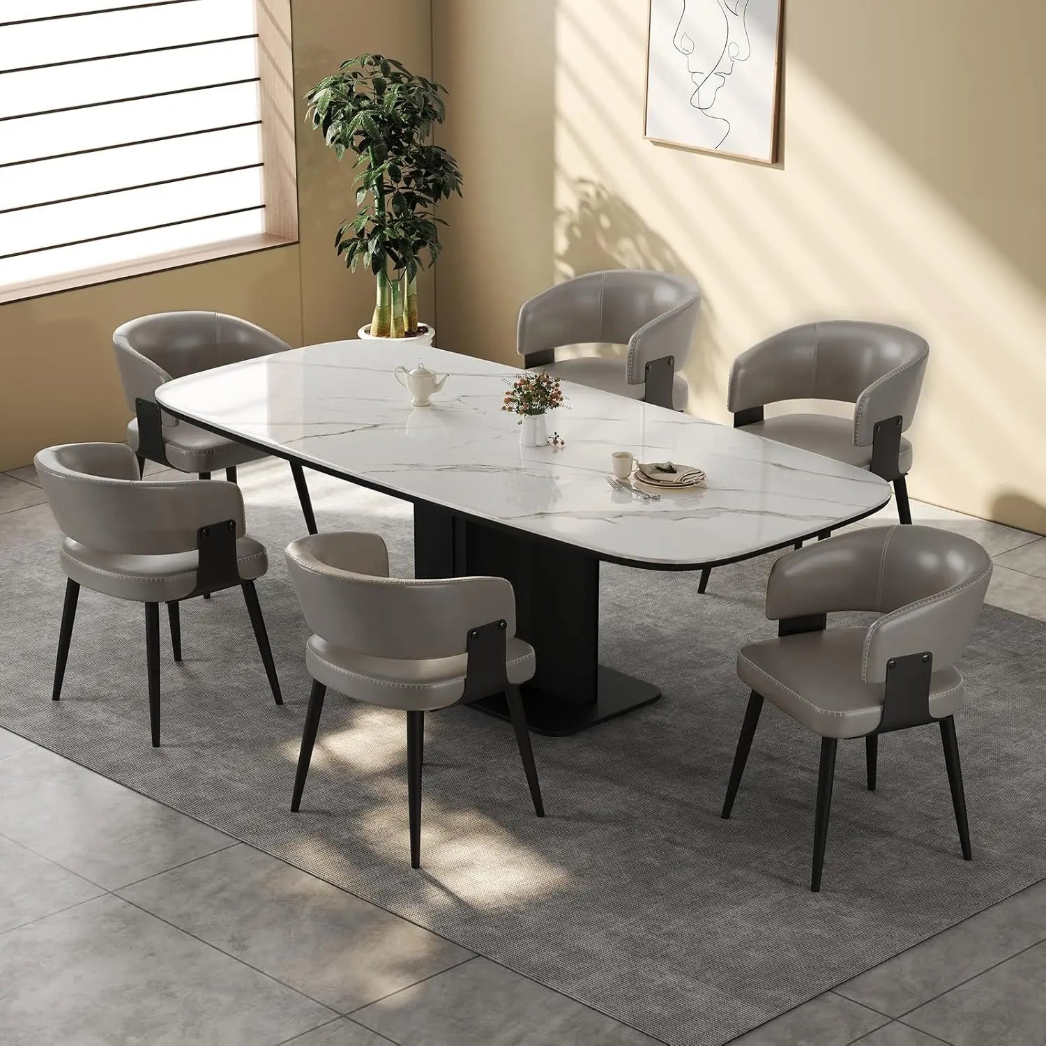 Modern Dining Chairs Set of 6, Upholstered Faux Leather Kitchen Side Chairs with Curved Open Back, Easy Assembly, Customized