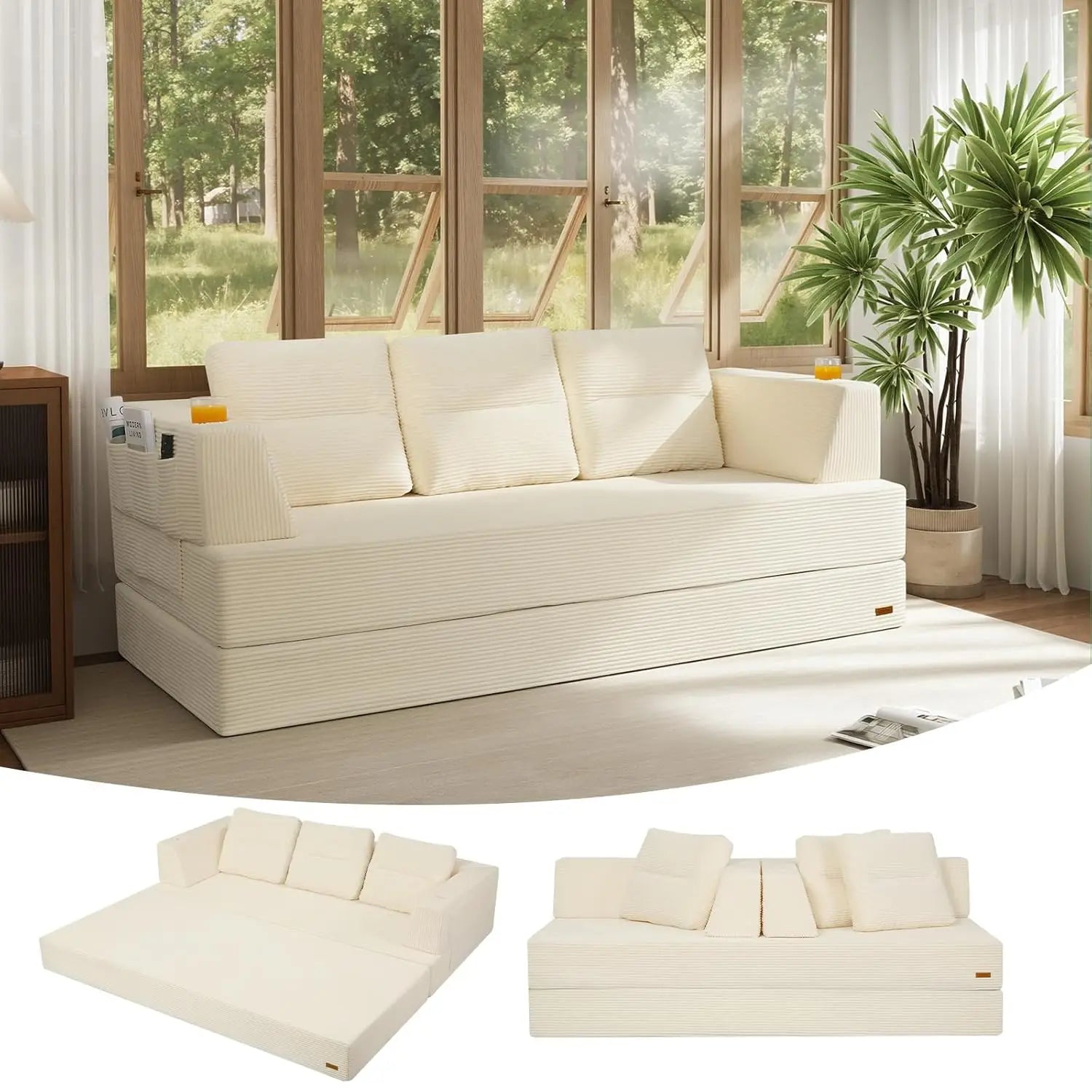 Futon Sofa Bed Queen, 79" Convertible Sofa Bed Couches for Living Room, 4 in 1 Folding Boneless Sleeper Corduroy, Customized