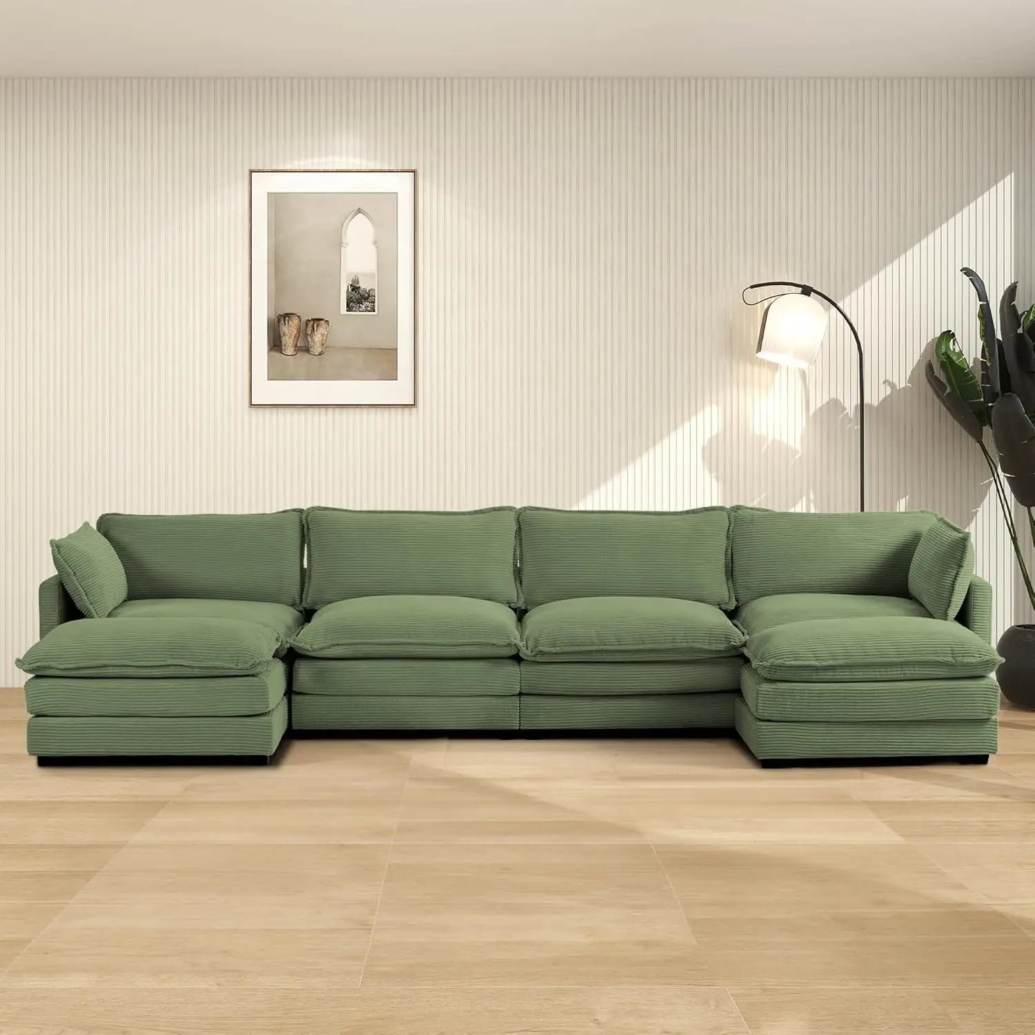 Oversized Modular Sectional Sofa with Movable Ottoman, 112 Inch 4 Seat Modern Corduroy Sofa Set, Convertible L Shaped Couch