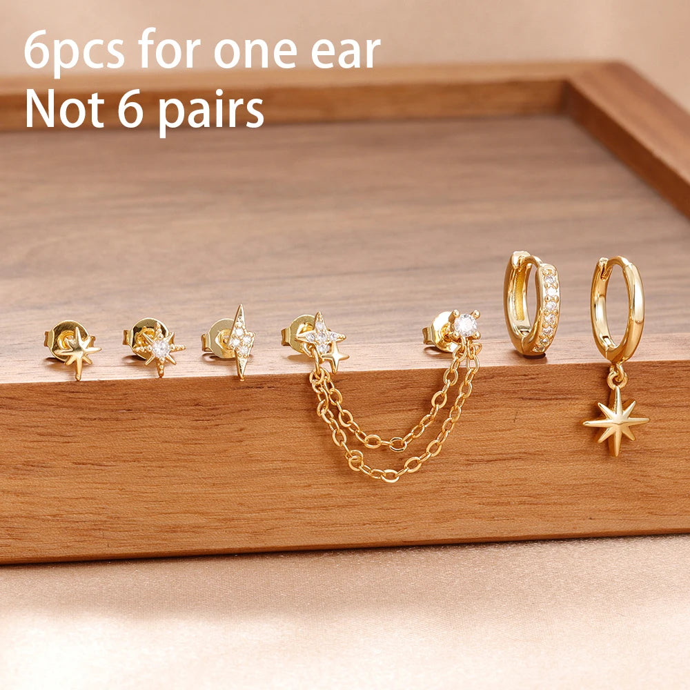 6PCS Fashion Cute Zircon Flower Ear Stud For Women Fashion 18K Gold Plated Star Ear Stud Earring Piercing Girl Set Jewelry Gift