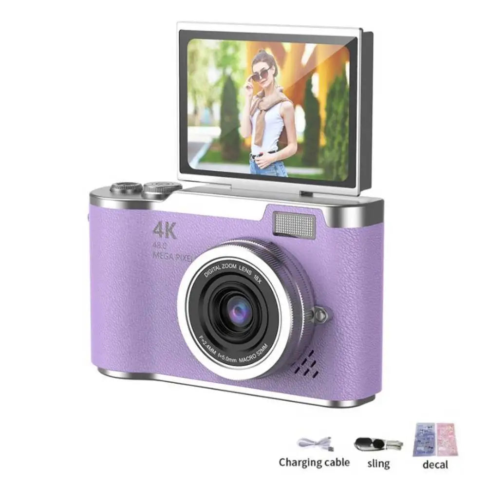 4K Digital Camera Beauty Filters 48MP HD Student CCD Camera CMOS Anti Shake 180° Flip Screen Selfie Camera for Kids Adults Gift