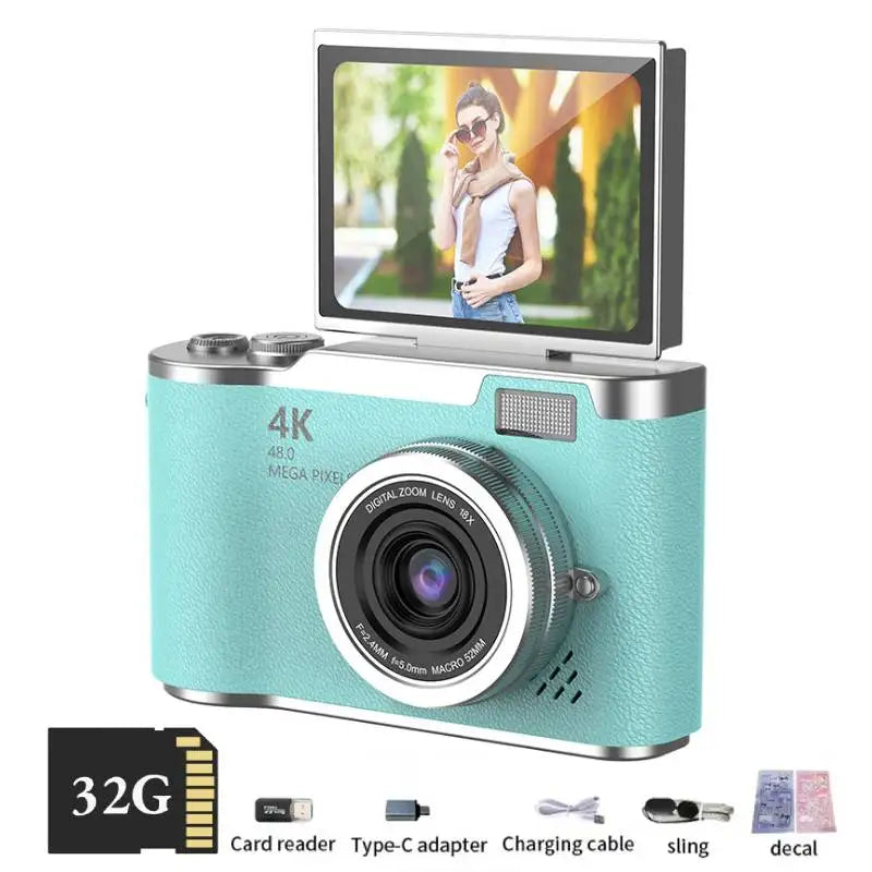 4K Digital Camera Beauty Filters 48MP HD Student CCD Camera CMOS Anti Shake 180° Flip Screen Selfie Camera for Kids Adults Gift