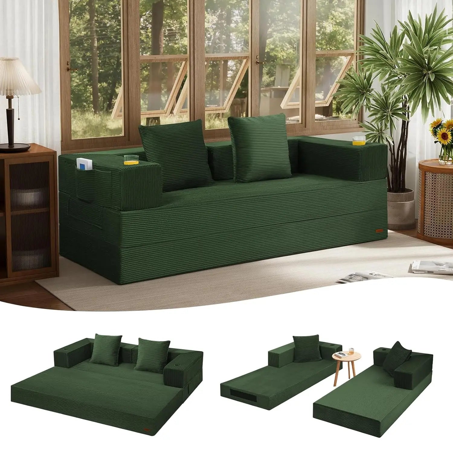 Futon Sofa Bed Queen, 79" Convertible Sofa Bed Couches for Living Room, 4 in 1 Folding Boneless Sleeper Corduroy, Customized