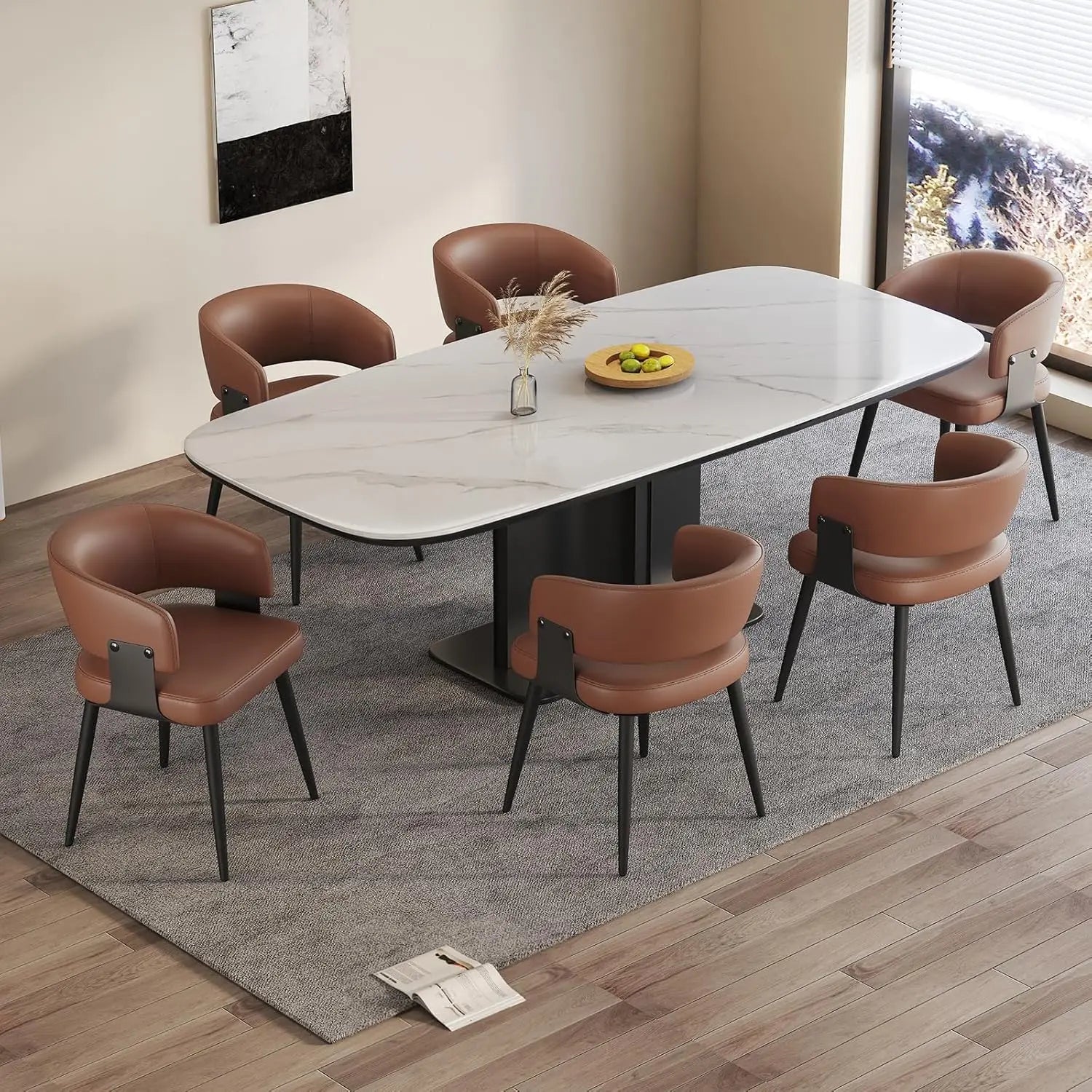 Modern Dining Chairs Set of 6, Upholstered Faux Leather Kitchen Side Chairs with Curved Open Back, Easy Assembly, Customized