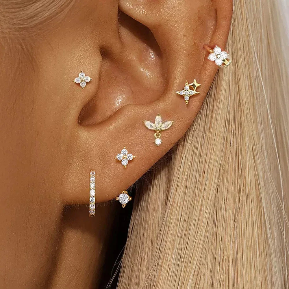 6PCS Fashion Cute Zircon Flower Ear Stud For Women Fashion 18K Gold Plated Star Ear Stud Earring Piercing Girl Set Jewelry Gift