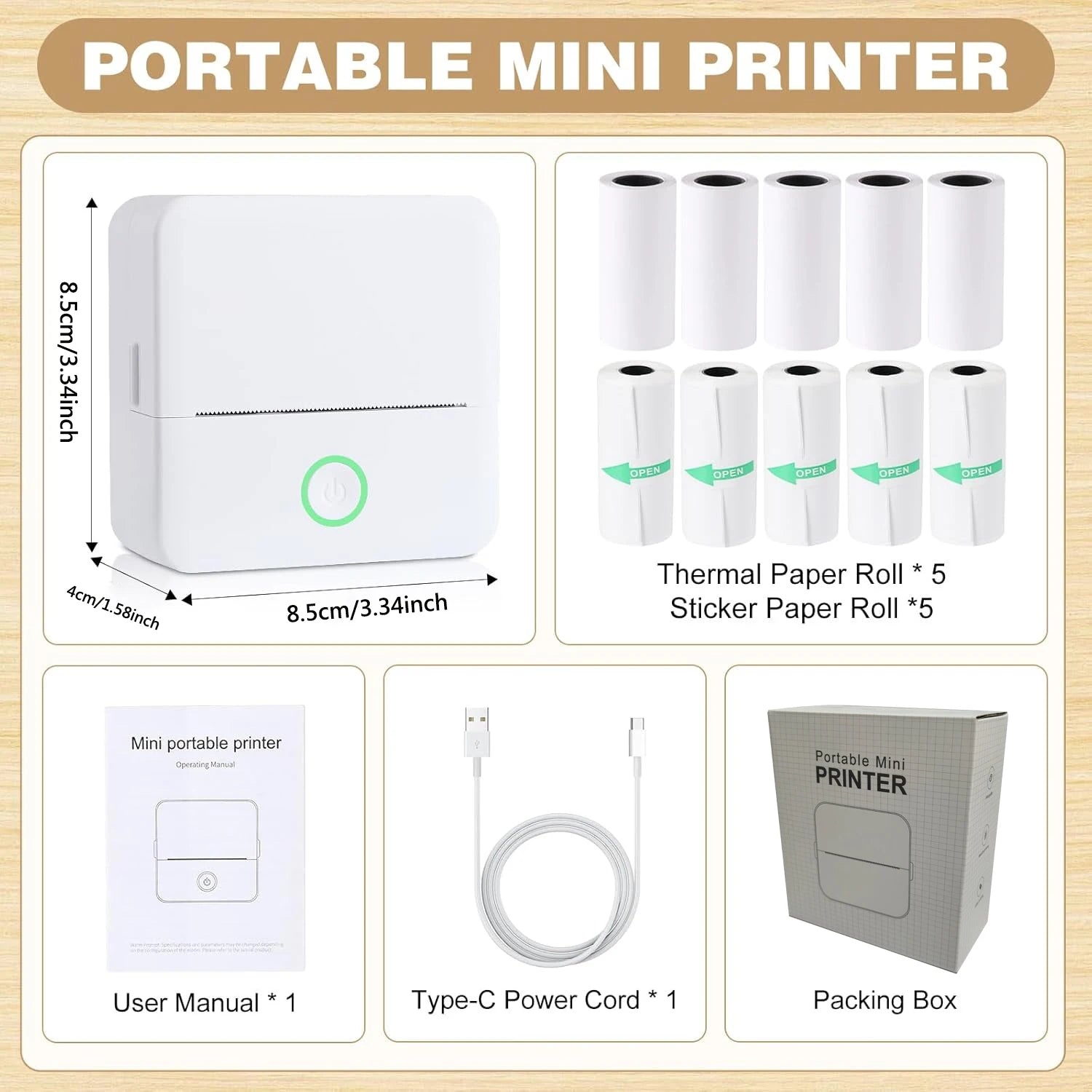 Wireless Mini Photo Printer Set with 5 Sticker Rolls & 5 Thermal Paper, Bluetooth Mobile Printing for Pictures, Photos, Labels