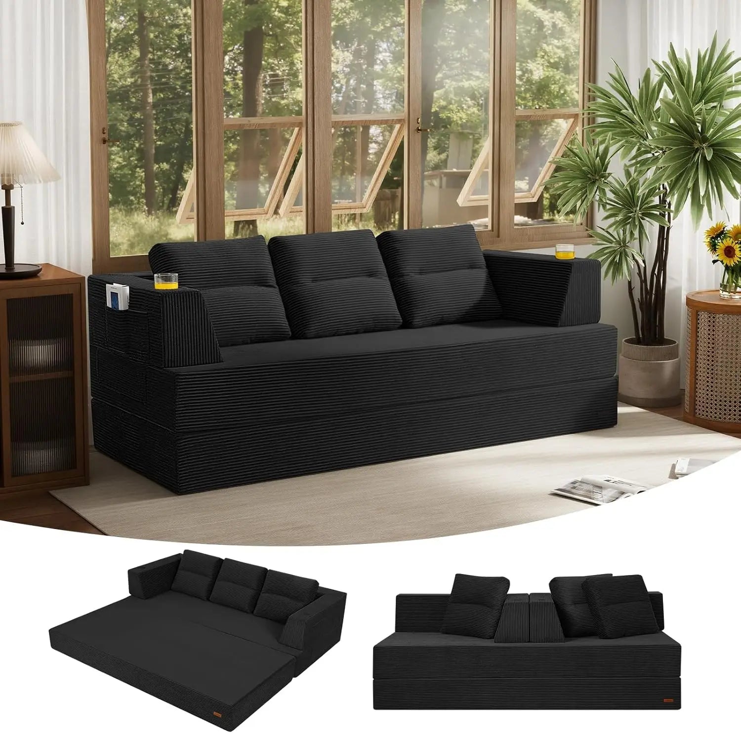 Futon Sofa Bed Queen, 79" Convertible Sofa Bed Couches for Living Room, 4 in 1 Folding Boneless Sleeper Corduroy, Customized