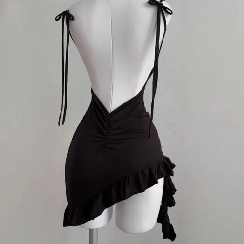 2025 Sexy Sleelveless Backless Mini Dress Women Summer Europe America Lace Up Bodycon Dresses High Street Party Club Black Dress