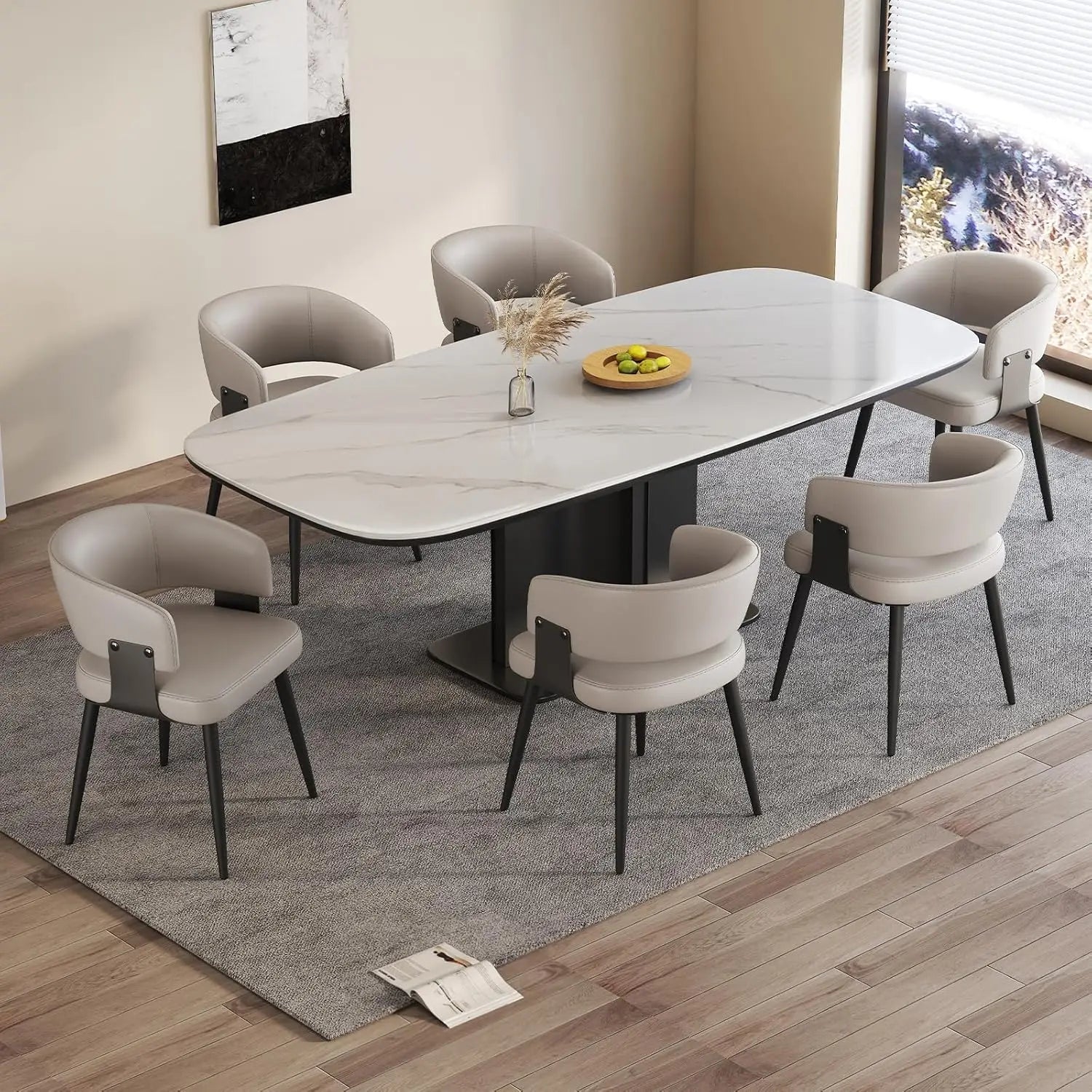 Modern Dining Chairs Set of 6, Upholstered Faux Leather Kitchen Side Chairs with Curved Open Back, Easy Assembly, Customized