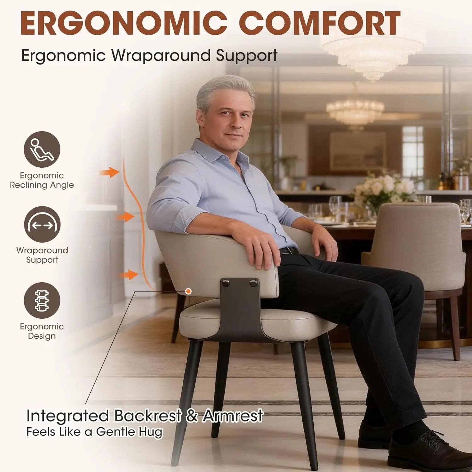 Modern Dining Chairs Set of 6, Upholstered Faux Leather Kitchen Side Chairs with Curved Open Back, Easy Assembly, Customized