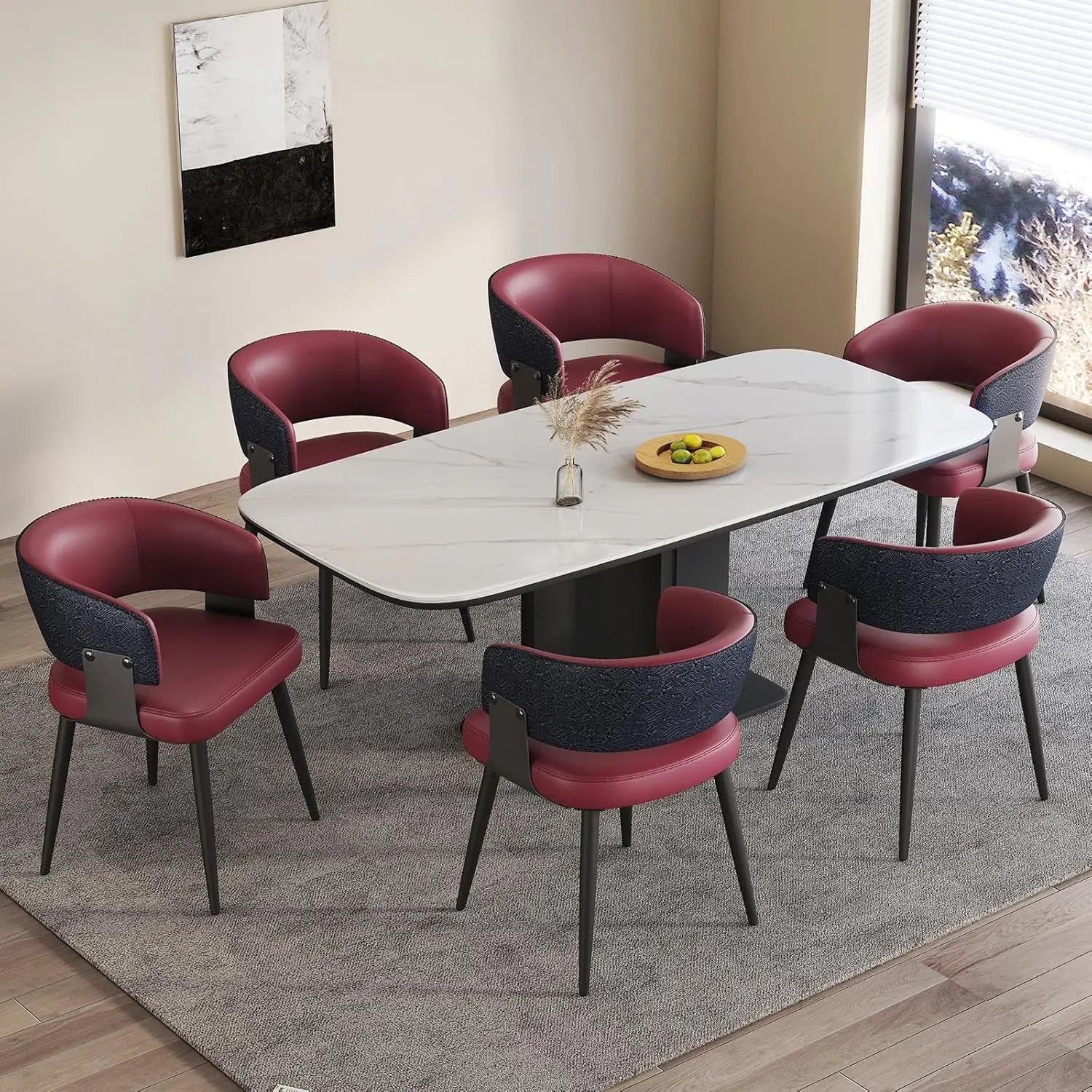 Modern Dining Chairs Set of 6, Upholstered Faux Leather Kitchen Side Chairs with Curved Open Back, Easy Assembly, Customized