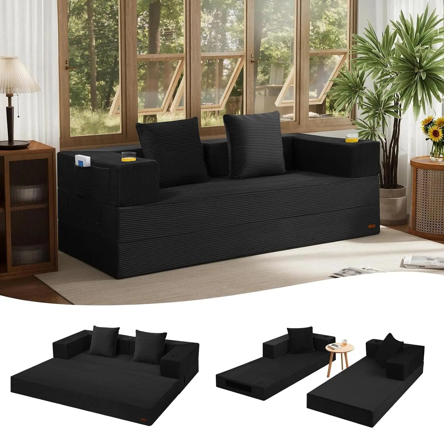 Futon Sofa Bed Queen, 79" Convertible Sofa Bed Couches for Living Room, 4 in 1 Folding Boneless Sleeper Corduroy, Customized
