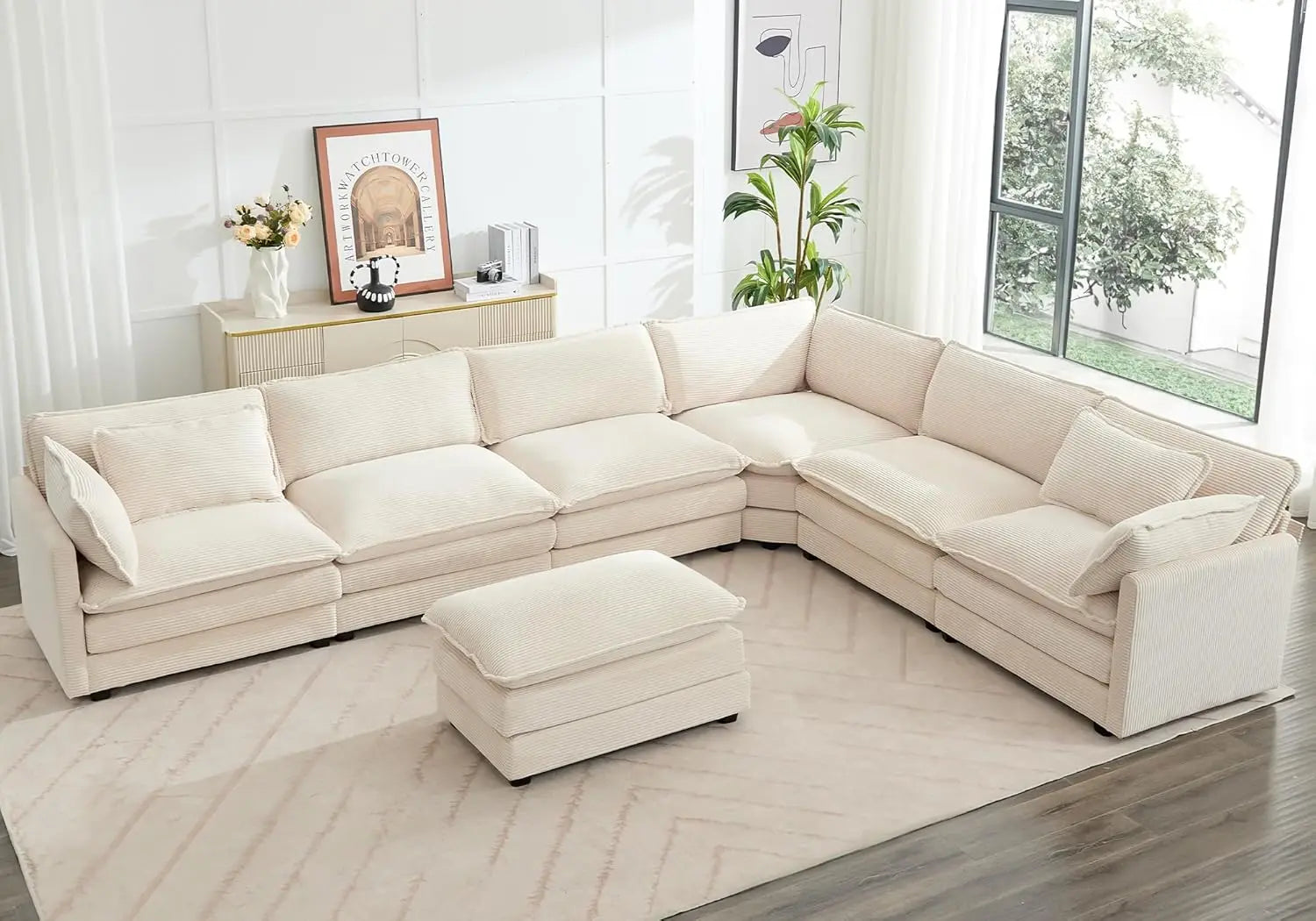 Oversized Modular Sectional Sofa with Movable Ottoman, 112 Inch 4 Seat Modern Corduroy Sofa Set, Convertible L Shaped Couch