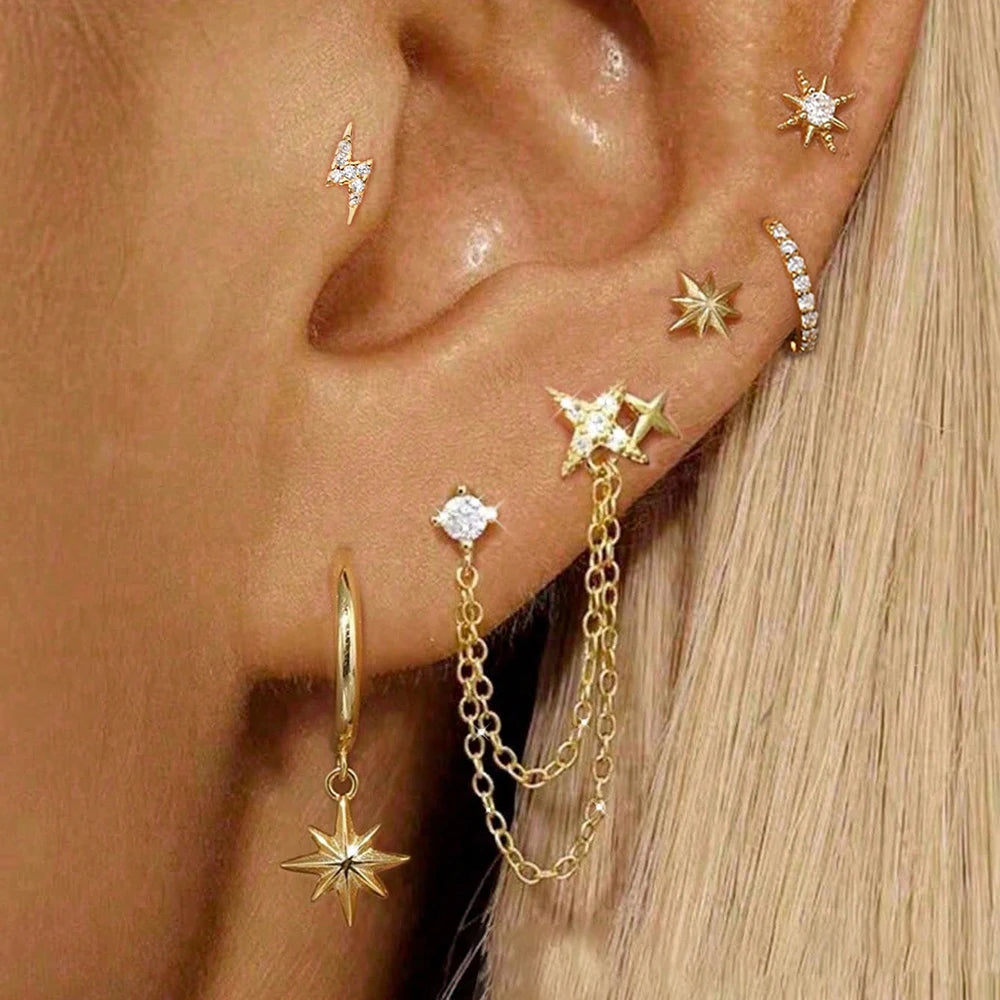 6PCS Fashion Cute Zircon Flower Ear Stud For Women Fashion 18K Gold Plated Star Ear Stud Earring Piercing Girl Set Jewelry Gift