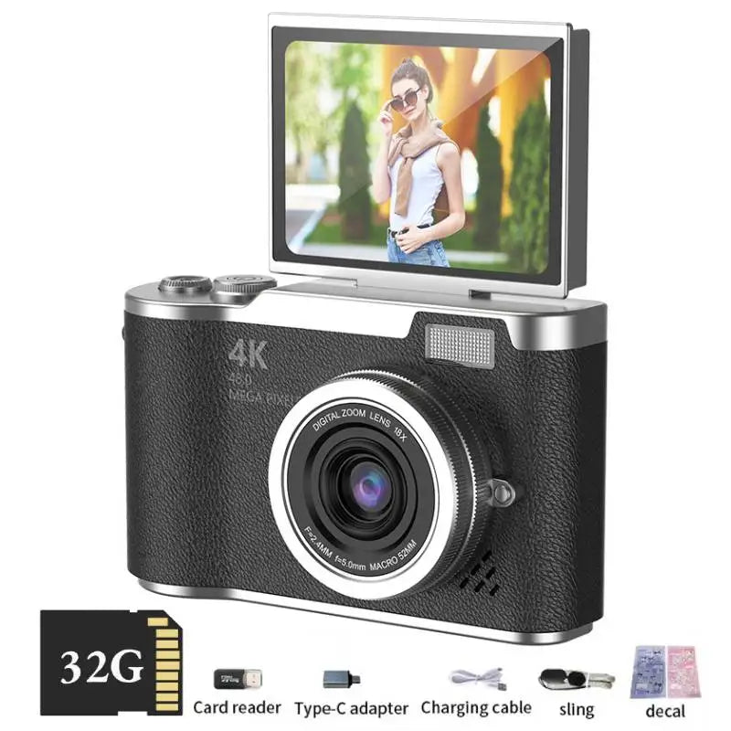 4K Digital Camera Beauty Filters 48MP HD Student CCD Camera CMOS Anti Shake 180° Flip Screen Selfie Camera for Kids Adults Gift