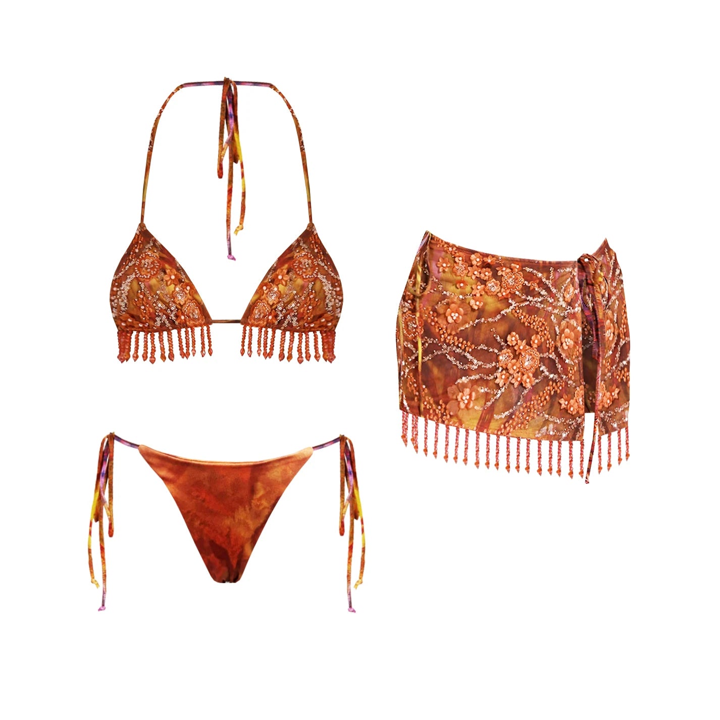 3Pcs Floral Bikini With Diamond Skirt Women Sexy Swimsuit Push Up Swimwear 2025 Bandeau Biquini Female Bathing Suit Beach Outfit