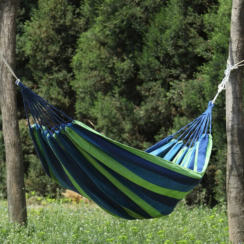 Camping Hammock Double Portable Hammock with 2 Tie Straps Colorful Stripe Cloth Hammock for Indoor Outdoor Blue
