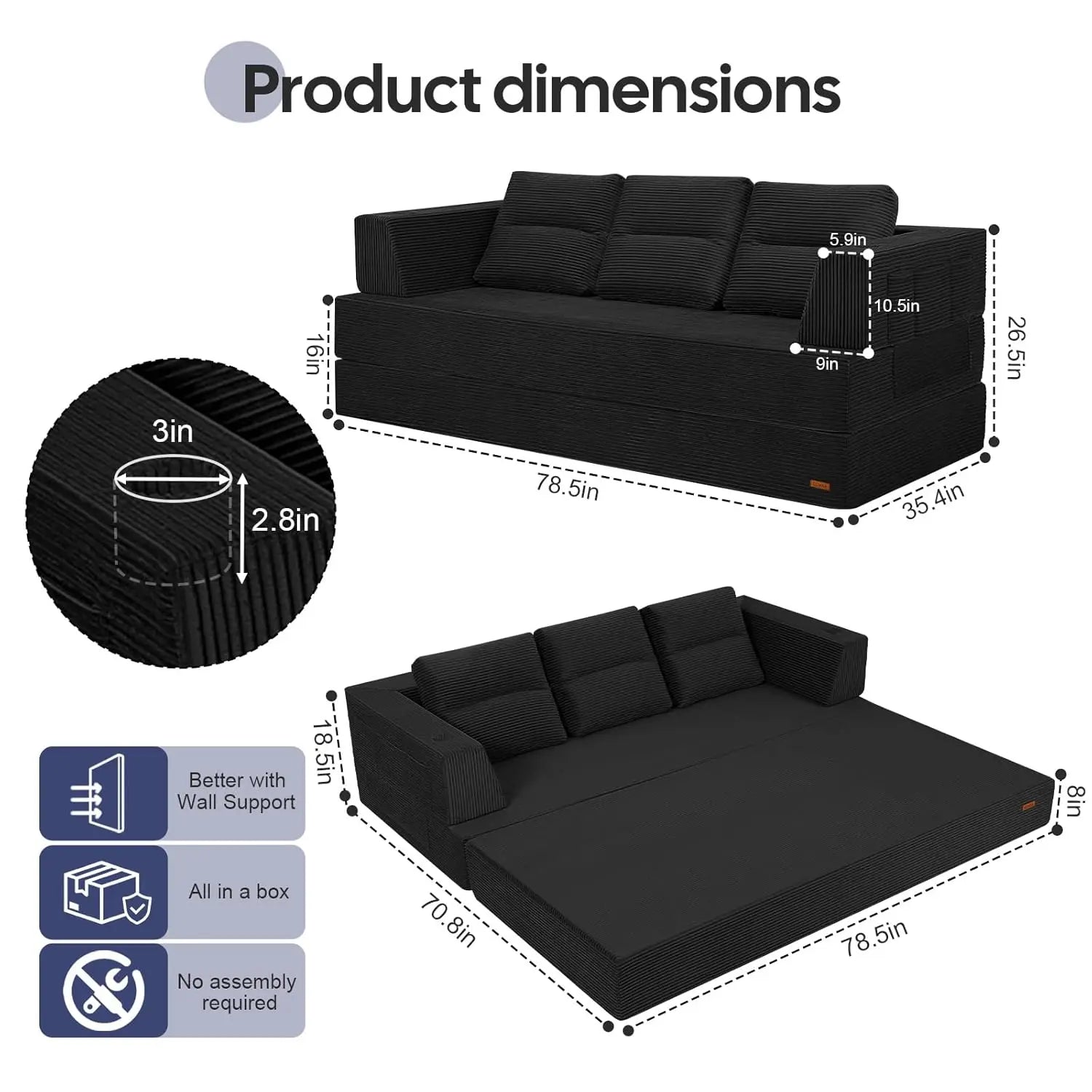 Futon Sofa Bed Queen, 79" Convertible Sofa Bed Couches for Living Room, 4 in 1 Folding Boneless Sleeper Corduroy, Customized