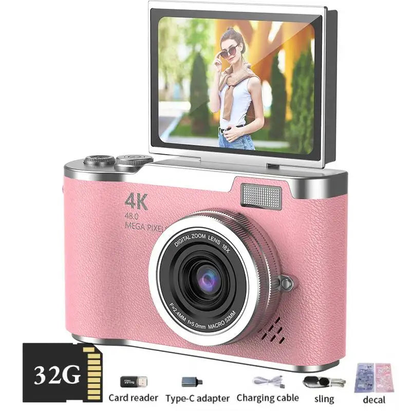 4K Digital Camera Beauty Filters 48MP HD Student CCD Camera CMOS Anti Shake 180° Flip Screen Selfie Camera for Kids Adults Gift