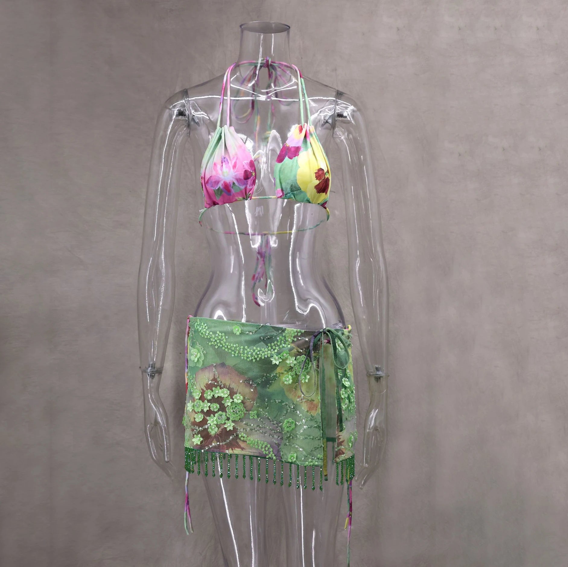 3Pcs Floral Bikini With Diamond Skirt Women Sexy Swimsuit Push Up Swimwear 2025 Bandeau Biquini Female Bathing Suit Beach Outfit