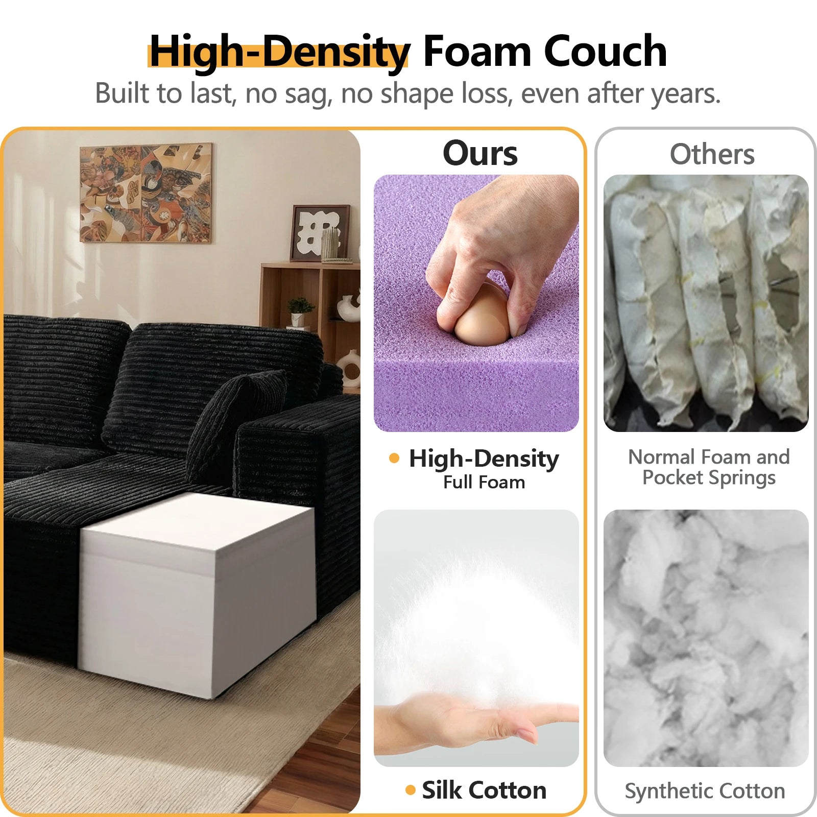 Oversized L Shaped Couch With Chaise, Minimalist Compressed Boneless Couch No Assembly Required, Modular Cloud Sectional Sofa Fo
