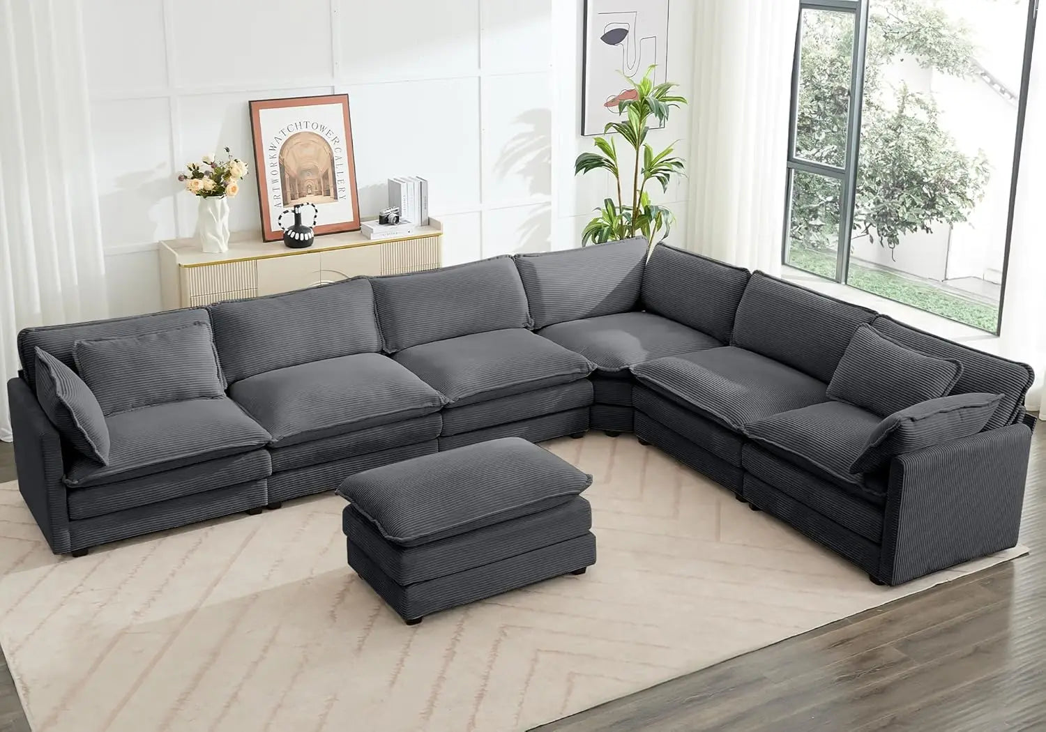 Oversized Modular Sectional Sofa with Movable Ottoman, 112 Inch 4 Seat Modern Corduroy Sofa Set, Convertible L Shaped Couch