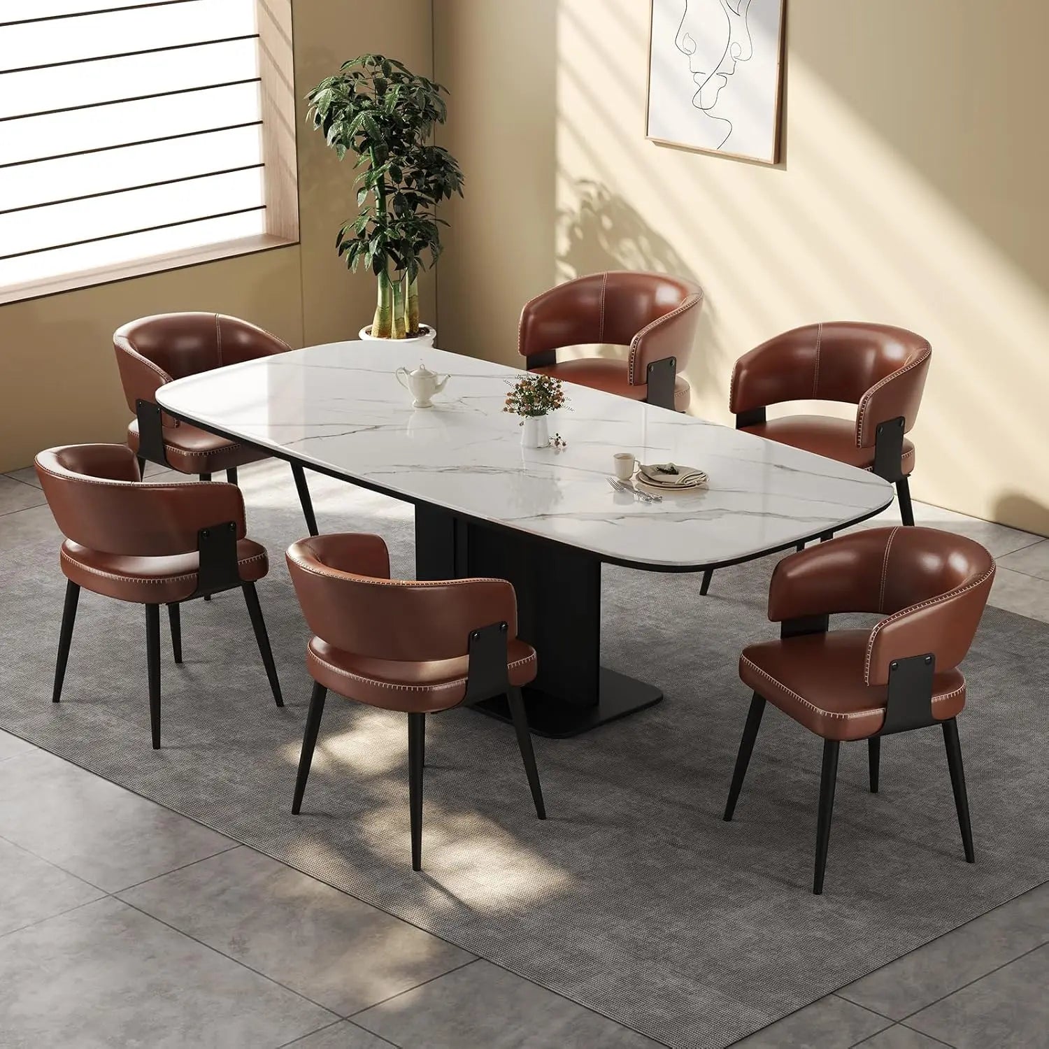 Modern Dining Chairs Set of 6, Upholstered Faux Leather Kitchen Side Chairs with Curved Open Back, Easy Assembly, Customized