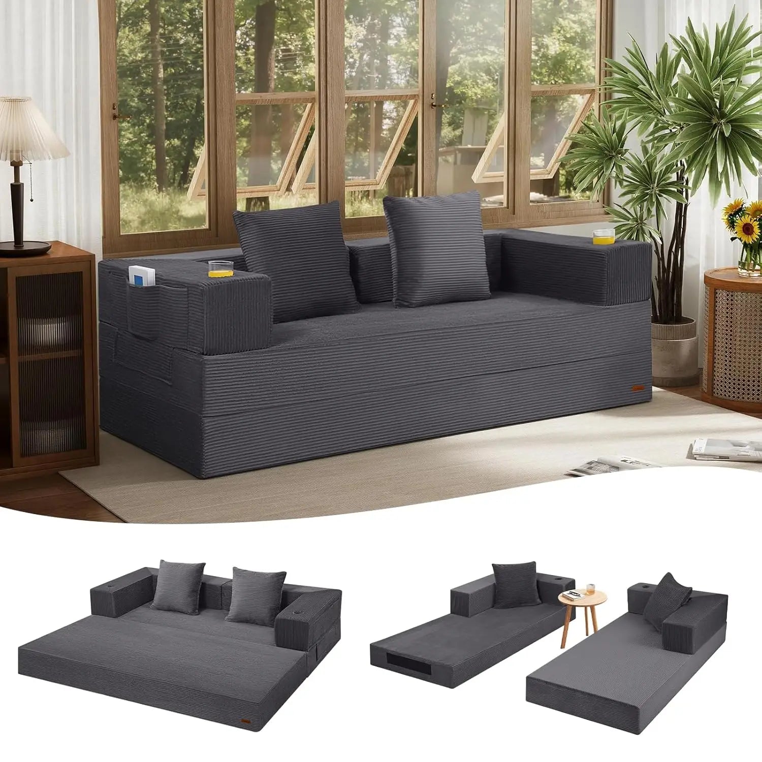 Futon Sofa Bed Queen, 79" Convertible Sofa Bed Couches for Living Room, 4 in 1 Folding Boneless Sleeper Corduroy, Customized