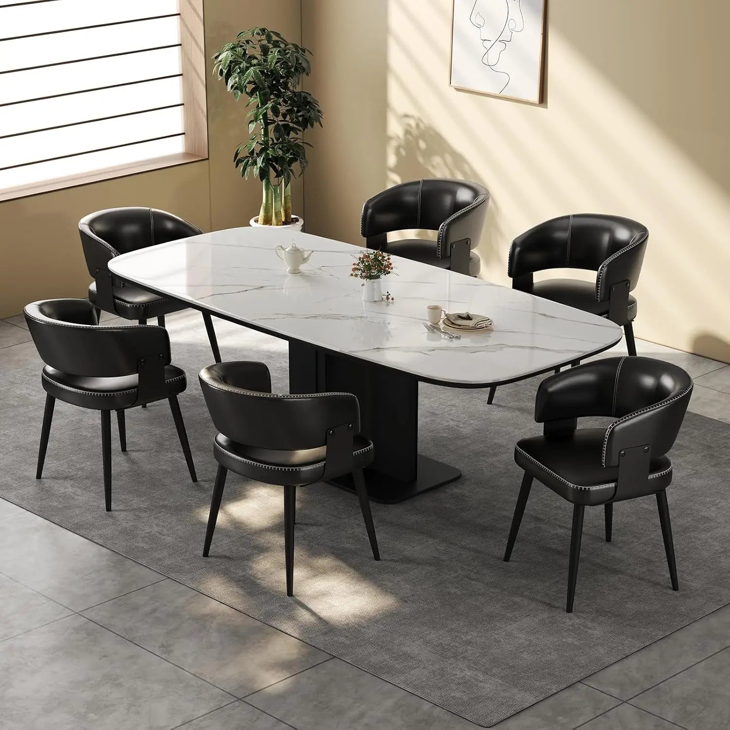 Modern Dining Chairs Set of 6, Upholstered Faux Leather Kitchen Side Chairs with Curved Open Back, Easy Assembly, Customized